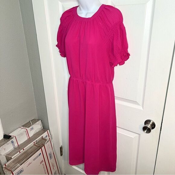 Skies Are Blue Casual Short Sleeve Smocked Sleeve Midi Dress Hot Pink M - Picture 6 of 10